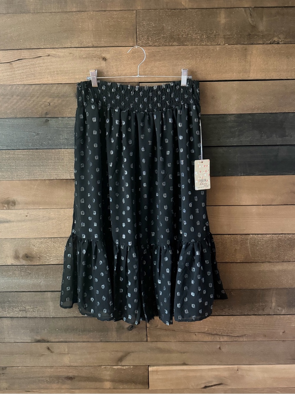 Black Metallic Dot Tiered Midi Skirt Boho Romantic Flowy Skirt